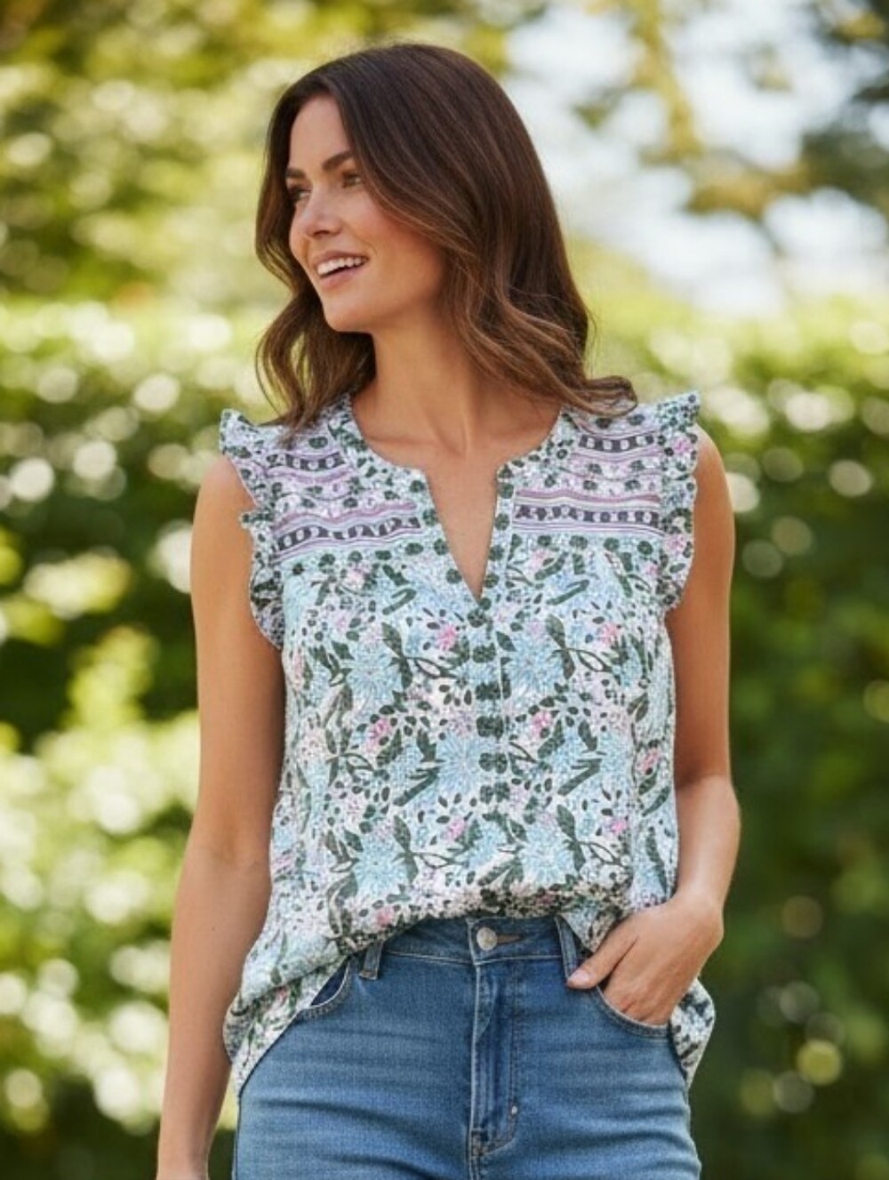 Talbots Floral Sleeveless Split V-Neck Top in Light Blue, Pink and Green